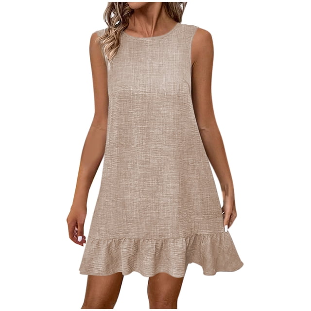 Staron Womens Summer Dresses Sleeveless Loose Dresses Ruffle Crew Neck Flowy Spring Summer Vacation Beach Sundress Beige S