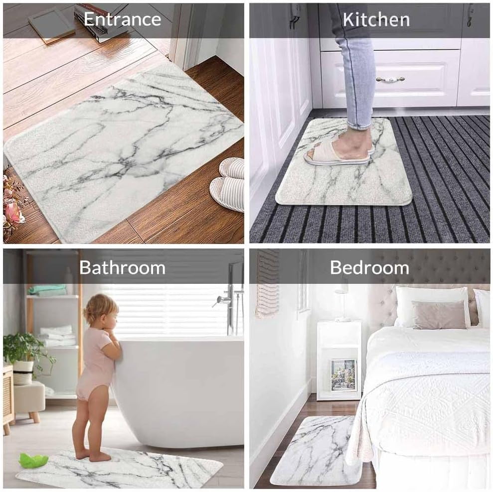 Marble Bath Mat for Bathroom Abstract White Gray Marble Texture Bath Rugs Door Mat Non Slip Rubber Backed Bathroom Floor Mat for Bathtub Sink Shower 20"X32"