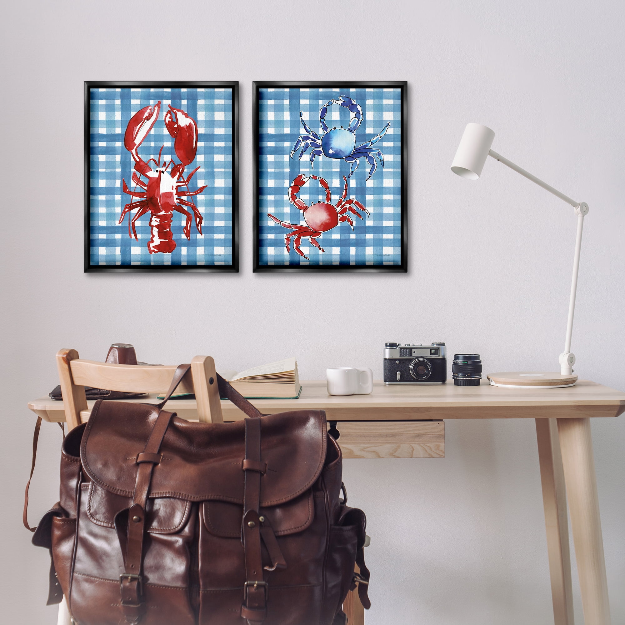 Stupell Industries Coastal Cuisines on Plaid Animals Painting Black Floater Framed Canvas Art Print Wall Art, 17 x 21, Set of 2
