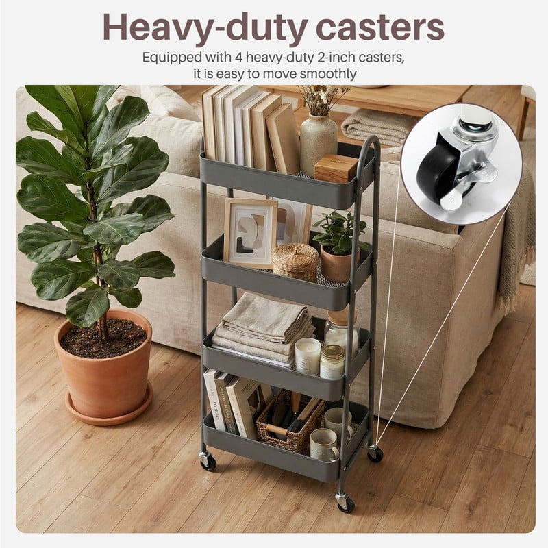 Gianna 3 Tier Utility Rolling Cart, Metal Mobile Storage Shelf with Lockable Caster Wheels, Organization for Livingroom, Bathroom & Narrow Places, Gray