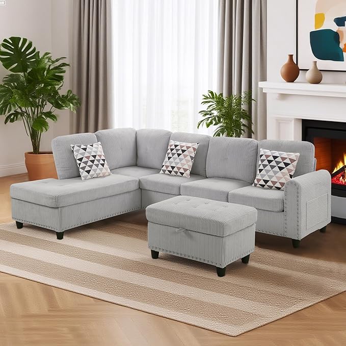 Gewnee 6 Seaters 94.49”L-Shaped Modular Sectional Sofa Couch ,Corduroy Fabric 2 Built-in Cup Holders with Storage Ottoman for Living Room