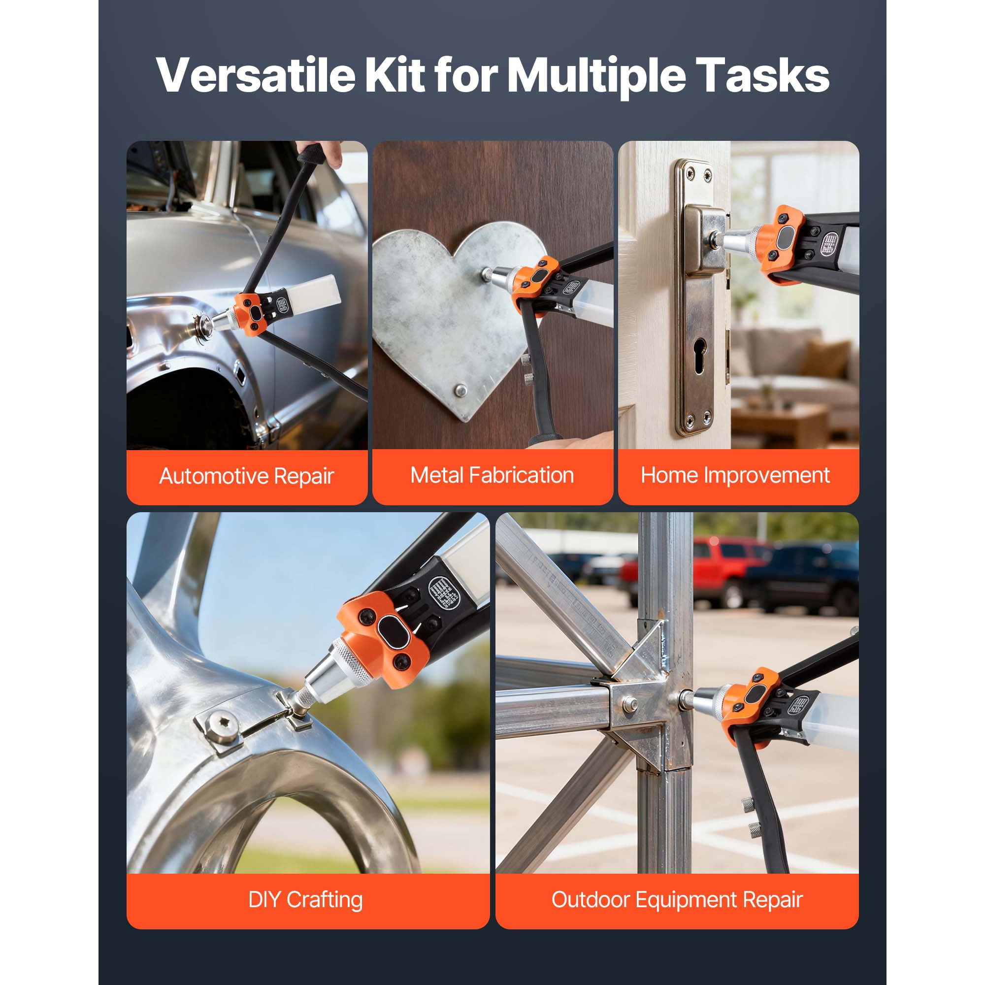 KFFKFF Manual Rivet Gun Kit with 230 Rivets, Two-Handed Tool Featuring 5 Replaceable Nosepieces, 5 Drill Bits, and a Storage Case, Ideal for Metalwork, Automotive Repairs, Home Projects, and DIY Task