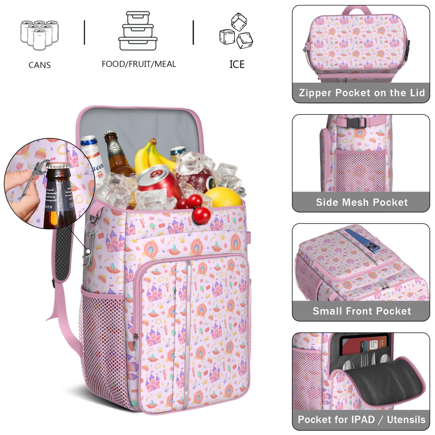 Travel Cooler Bag - Classic Princess Pattern Camping Beer Cooler Backpack with Bottle Opener- Waterproof Insulated Picnic Backpacks - Cooler Bag for Beach
