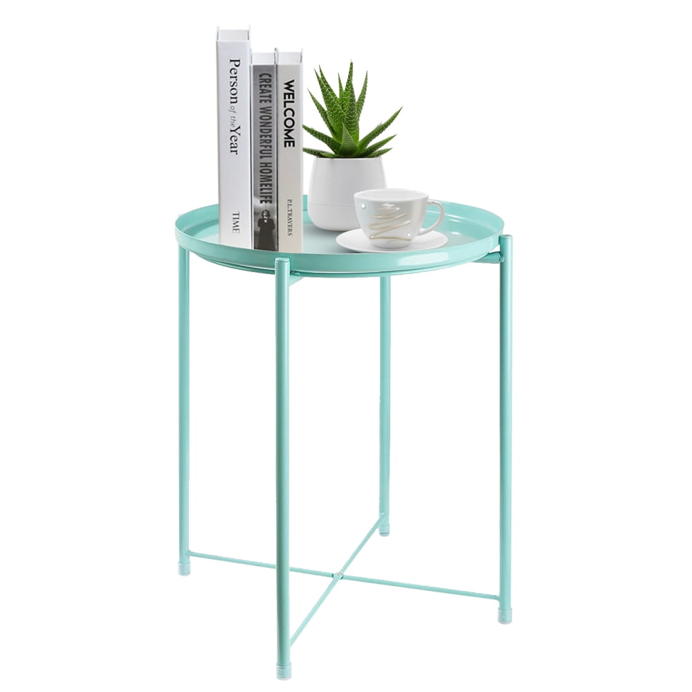 CERBIOR Metal Tray End Table, Round Accent Coffee Side Table, Anti-Rust and Waterproof Outdoor Small Side Table, Indoor Modern Sofa Side Table Bedside Table for Living Room Bedroom Balcony (Blue)