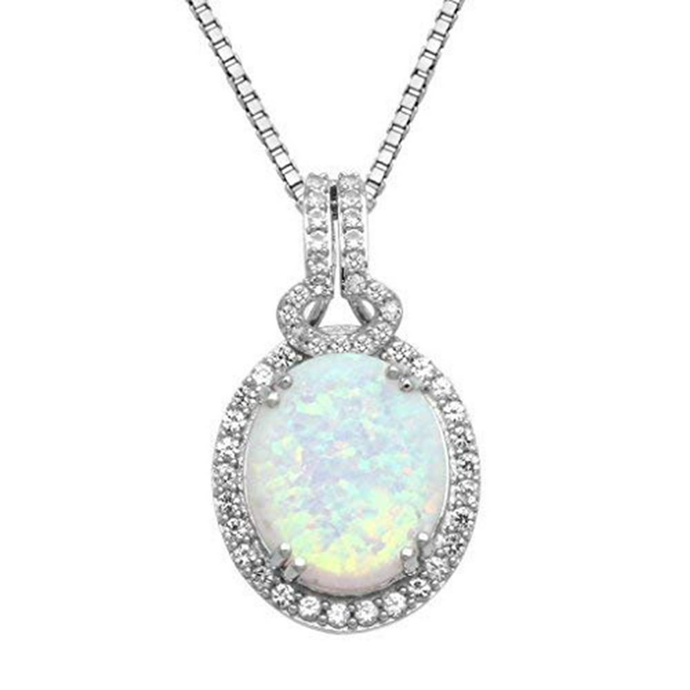 JEWELILI - 925 Silver Created Opal & White Sapphire Oval halo Pendant ...
