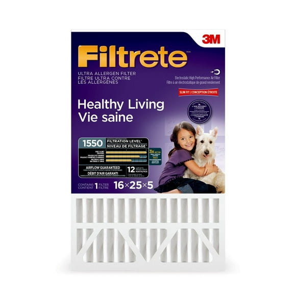 Filtrete 16x25x5 (4.31 Actual Depth) MPR 1550 Pleated AC Furnace Air Filter, Healthy Living Allergen Reduction, 1-Pack