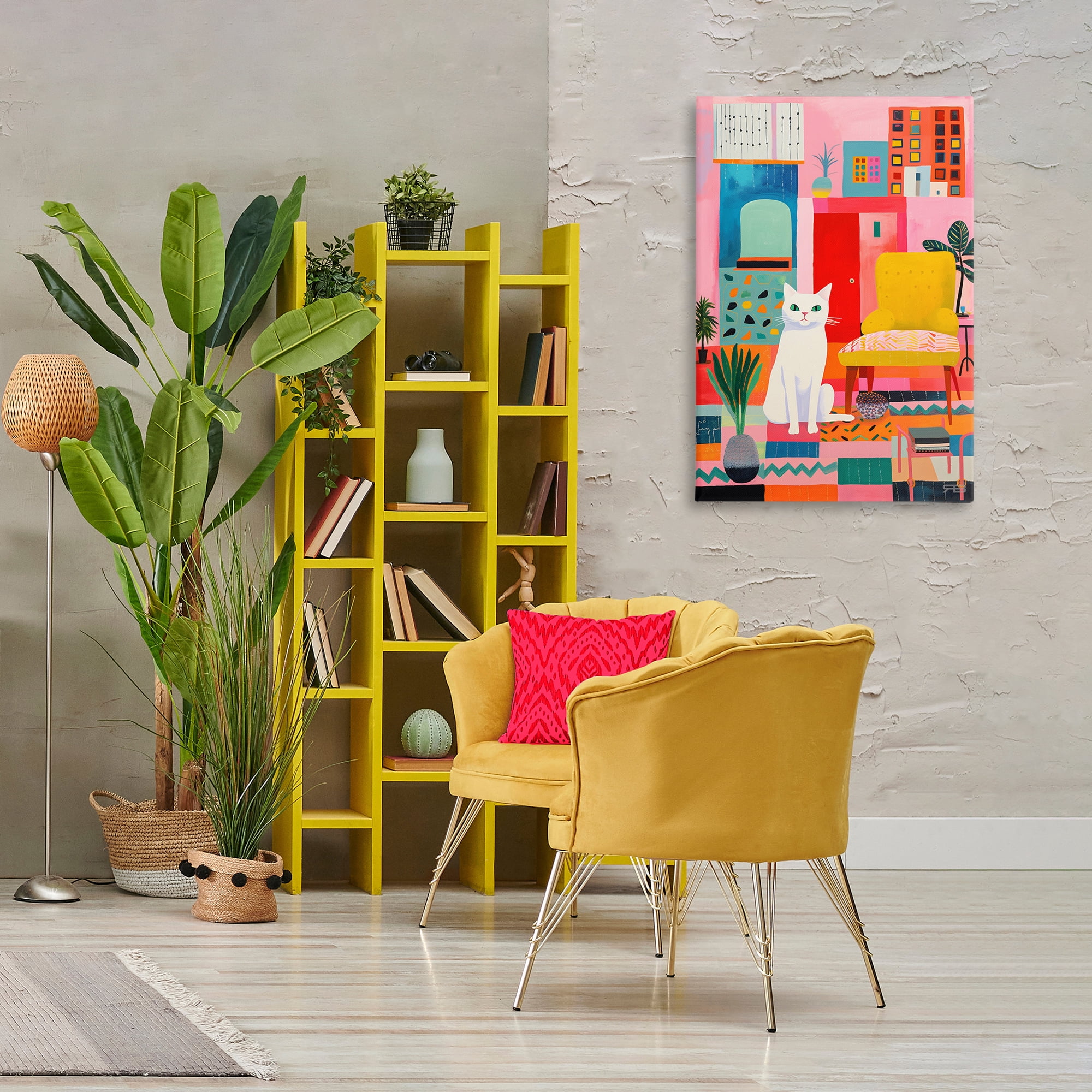 Stupell Industries Cat in Eclectic Interior Animals & Insects Painting Gallery Wrapped Canvas Art Print Wall Art, 24 x 36
