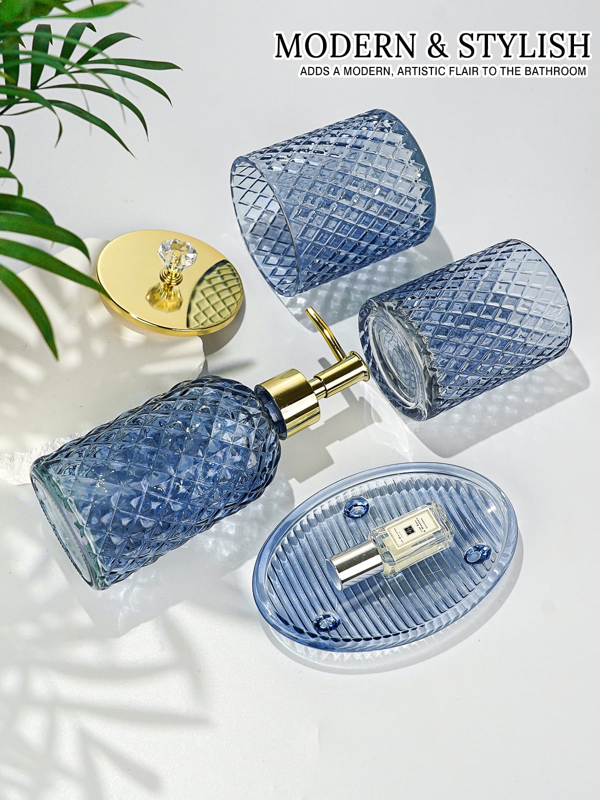 Cirhy Blue Bathroom Accessories Set, 4PCS Glass Bathroom Accessory Set with Lotion Soap Dispenser, Toothbrush Holder, Qtip Holder & Soap Dish, Modern Bathroom Decor for Home Apartment