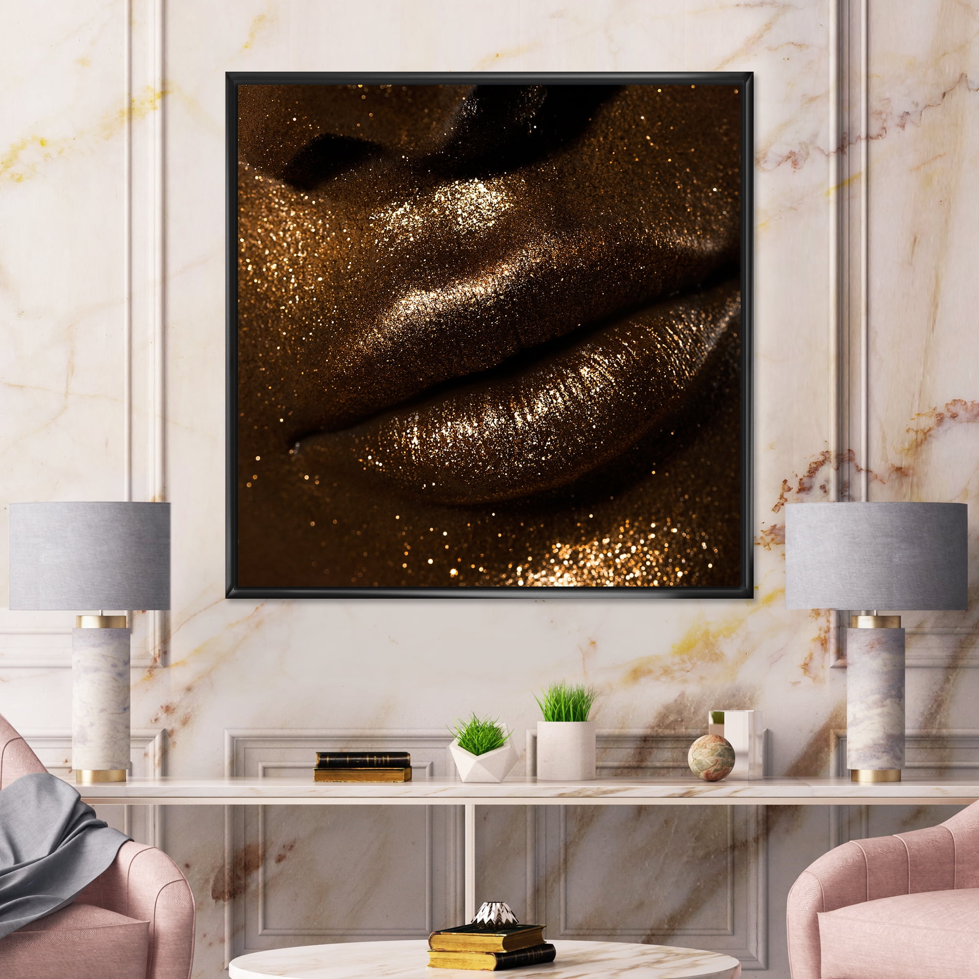 Designart 'Girl Lips With Glitter and Spangle' Modern Framed Canvas Wall Art Print