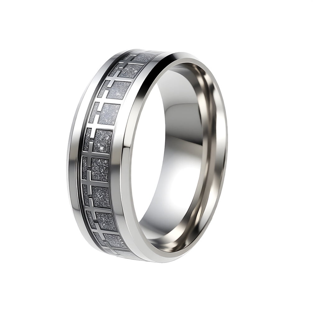 HIRPLIS Cross Inlaid Rings for Women Men Band Stainless Steel Silver Religious Prayer Faith Couple Matching Personalized Gift Jewelry Style 6 13