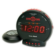 Angle View: Sonic Alert Bomb Dual Extra Loud Alarm Clock with Bed Shaker, Black , Sonic Alert Vibrating Alarm Clock Heavy Sleepers, Battery Backup, Wake with a Shake