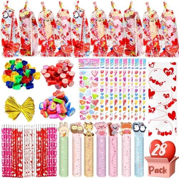 28 Pack Stationery Gift Set, Include Pencil Eraser Sharpener Ruler Stamper Foam Sticker Greeting Card for Kids School Classroom Prize$$Office