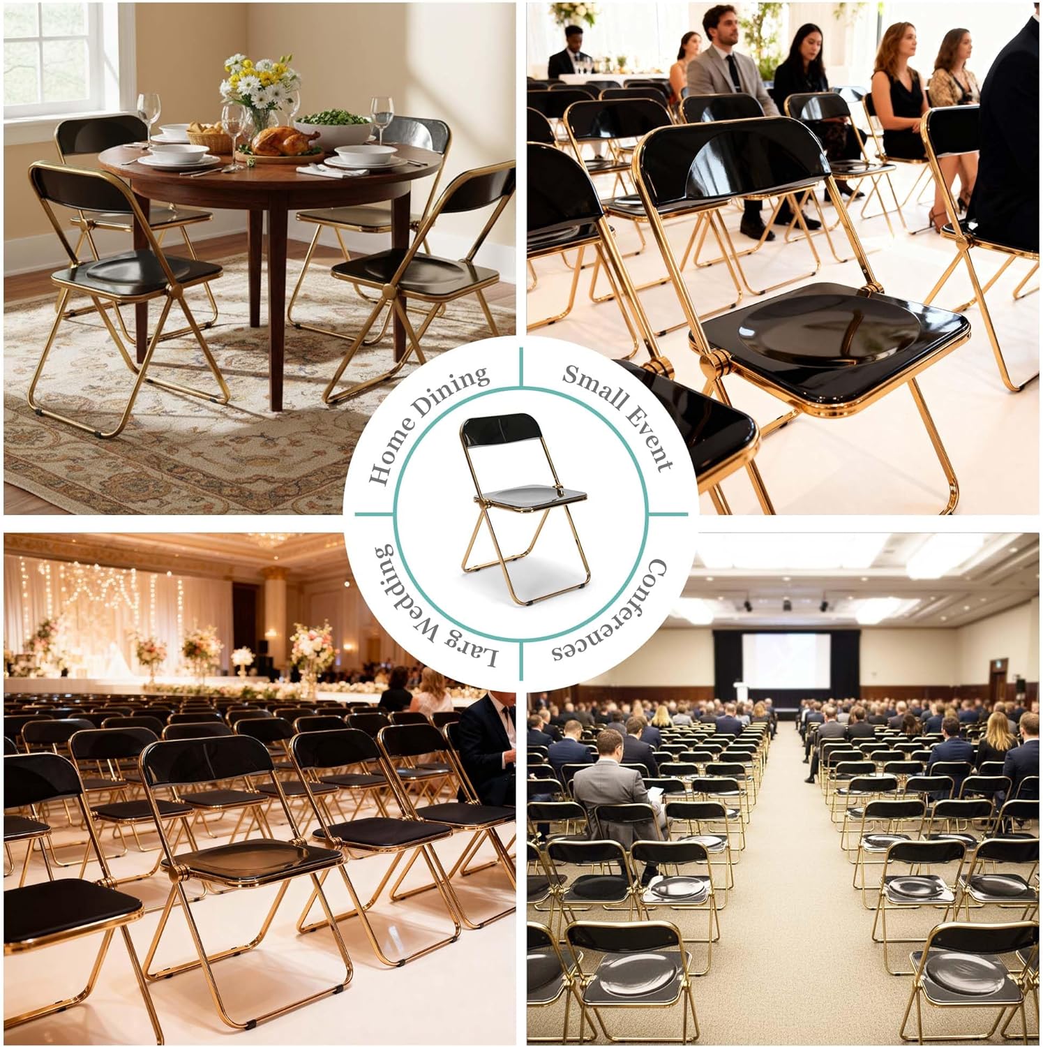EventStable Clear Acrylic Folding Chair with Electroplate Gold Frame, Lightweight Portable Seating Stackable Comfortable Chair for Indoor Outdoor Dining, Events & Parties - Onyx - 4-Pack