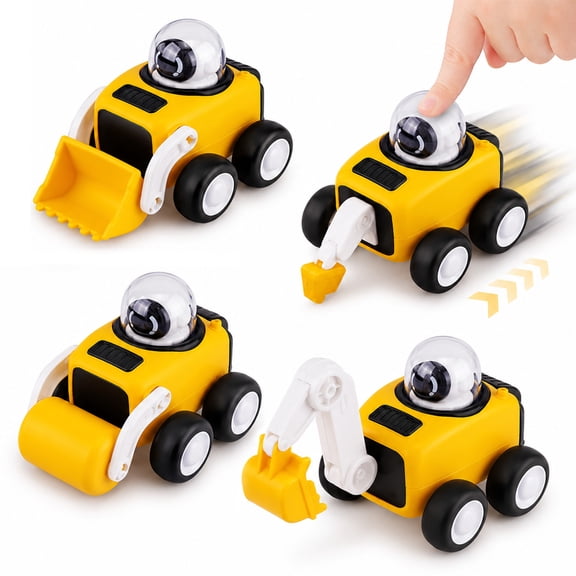 Rirool Press N Go Construction Vehicles 4 Pack, Push and Go Truck Toys with Excavator Bulldozer Road Roller Drill Truck, No Battery Pretend Play Birthday Christmas Gift for Kids Ages 3
