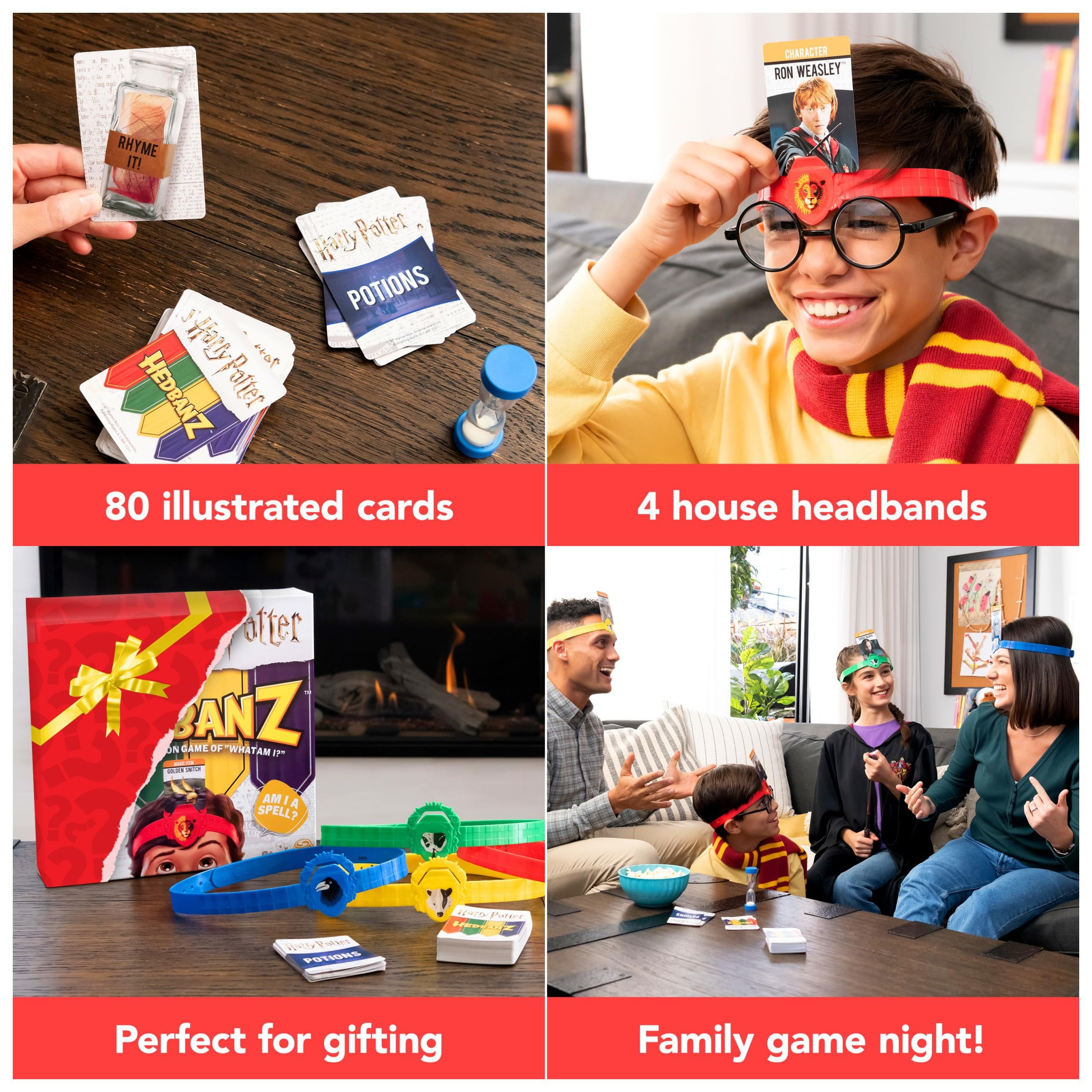 Hedbanz, Harry Potter Wizarding World 2022 Edition with New Cards Family Board Game Gift Toy Merchandise Books Movies Card Game House Headbands, for Adults & Kids Ages 6 and up