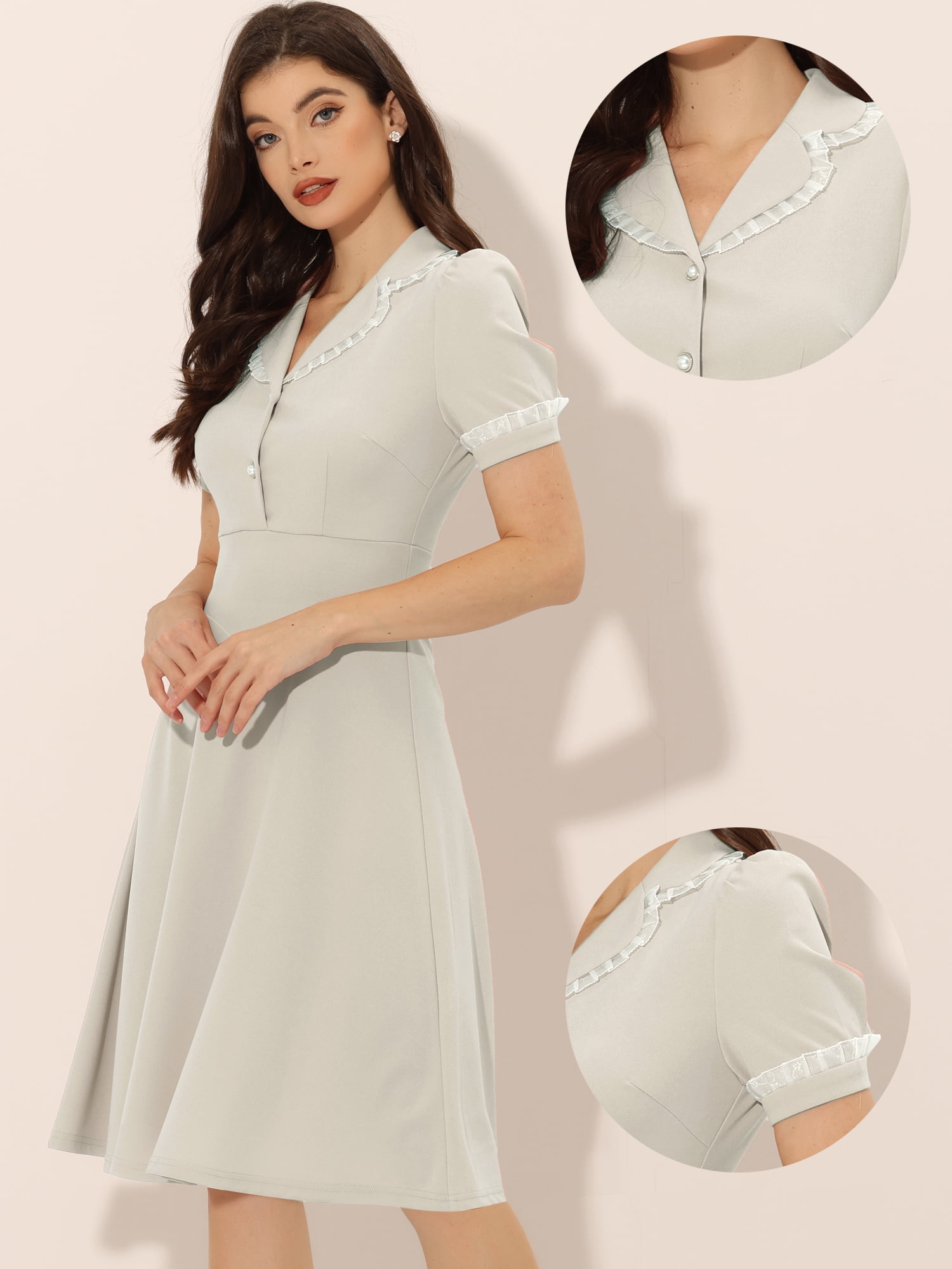 Unique Bargains Women's Ruffled Peter Pan Collar Midi Dresses M Grey