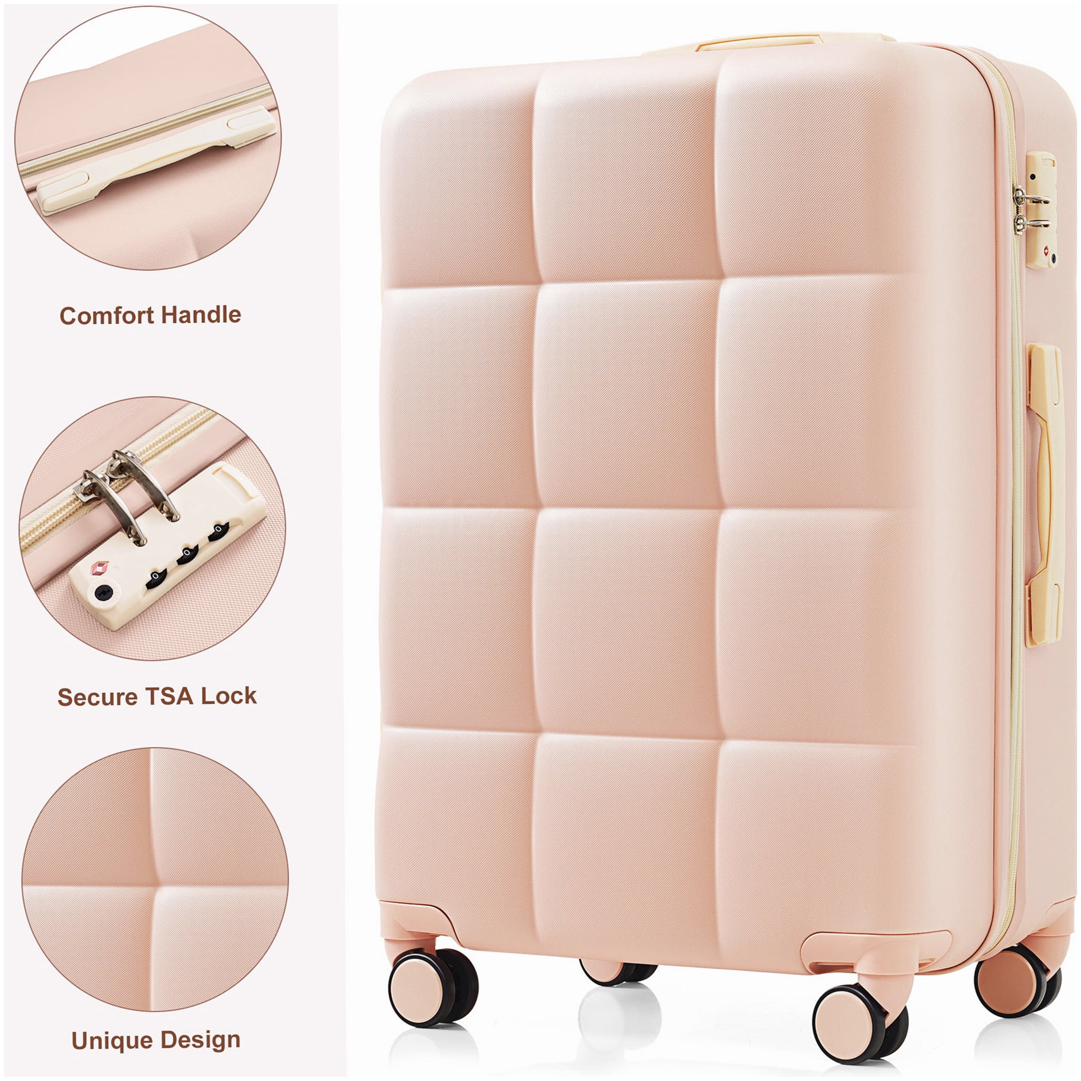3-Piece ABS Hard Shell Spinner Luggage Set, Pink Suitcase with Built-In Cup Holder, Airline Approved