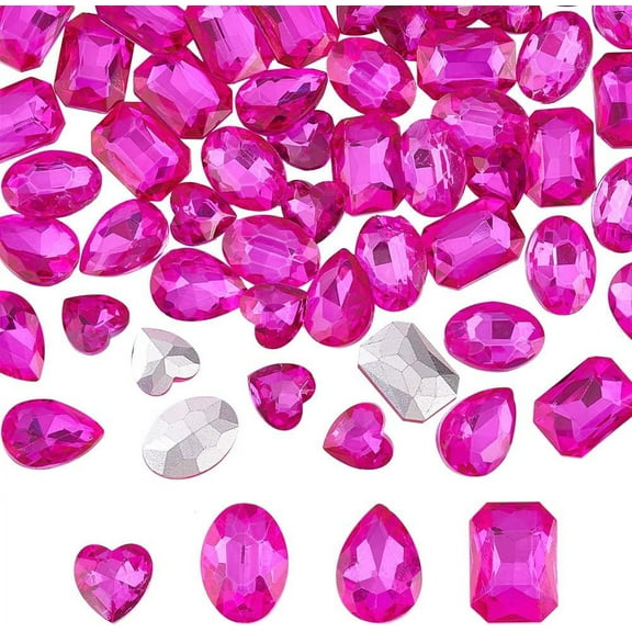 64 Pcs 4 Shapes Pointed Back Rhinestone 18mm Glass Rhinestones Gems Fuchsia Rectangle/Teardrop/Heart/Oval Jewels Embelishments with Silver Plated Back Crystals Stones for Jewelry Making for making