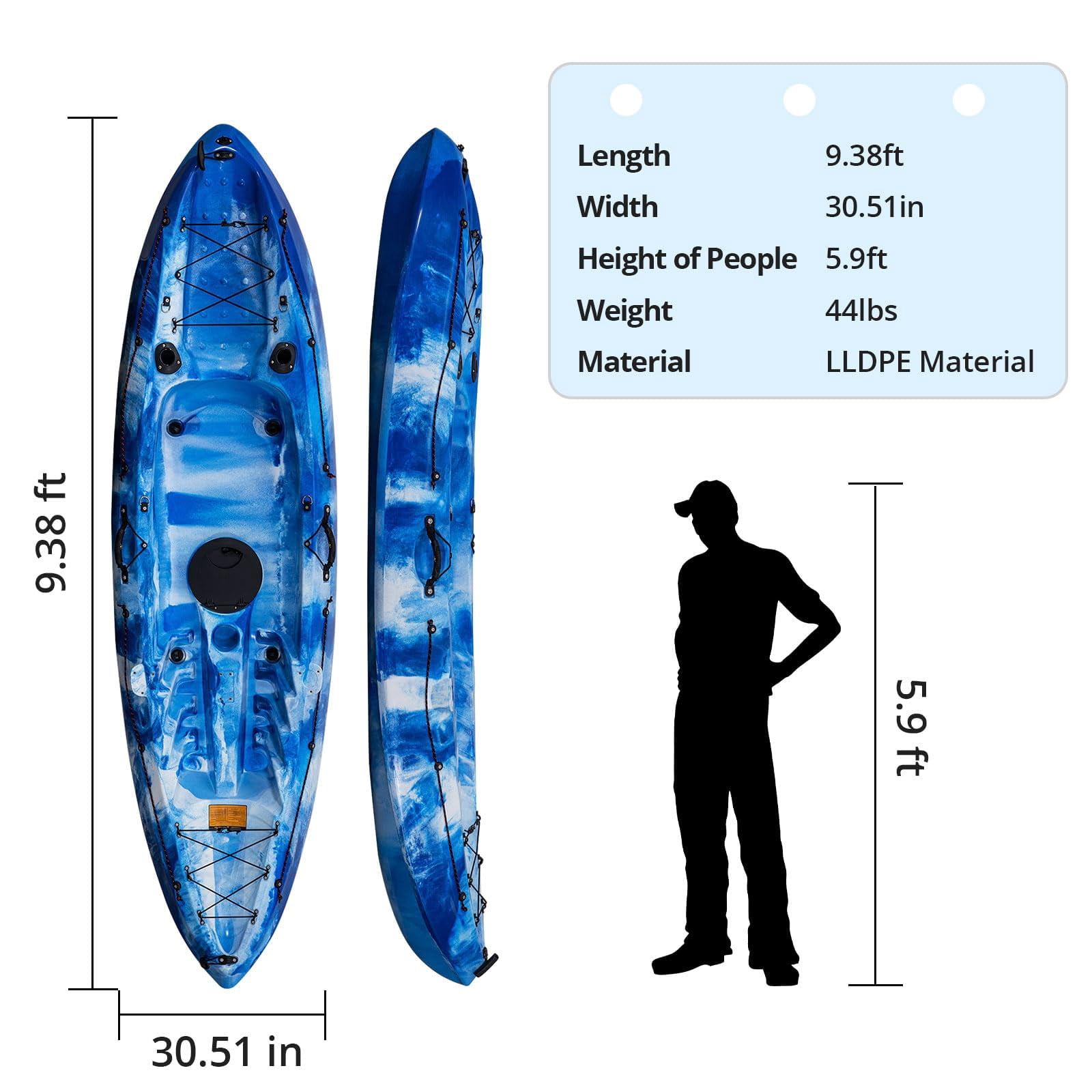 Ataucjin Kayaks, 9.38FT Fishing Kayak with Paddle, Sit on Top Kayak for Adults, Capacity of 308LBS, Hard Shell Recreational Ocean Kayak Boat