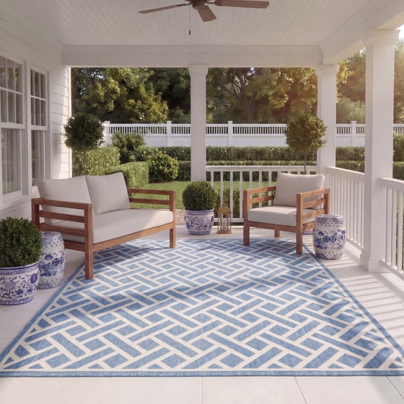 Safavieh Courtyard Janey Bordered Indoor/Outdoor Area Rug, Blue/Light Beige, 9' x 12'