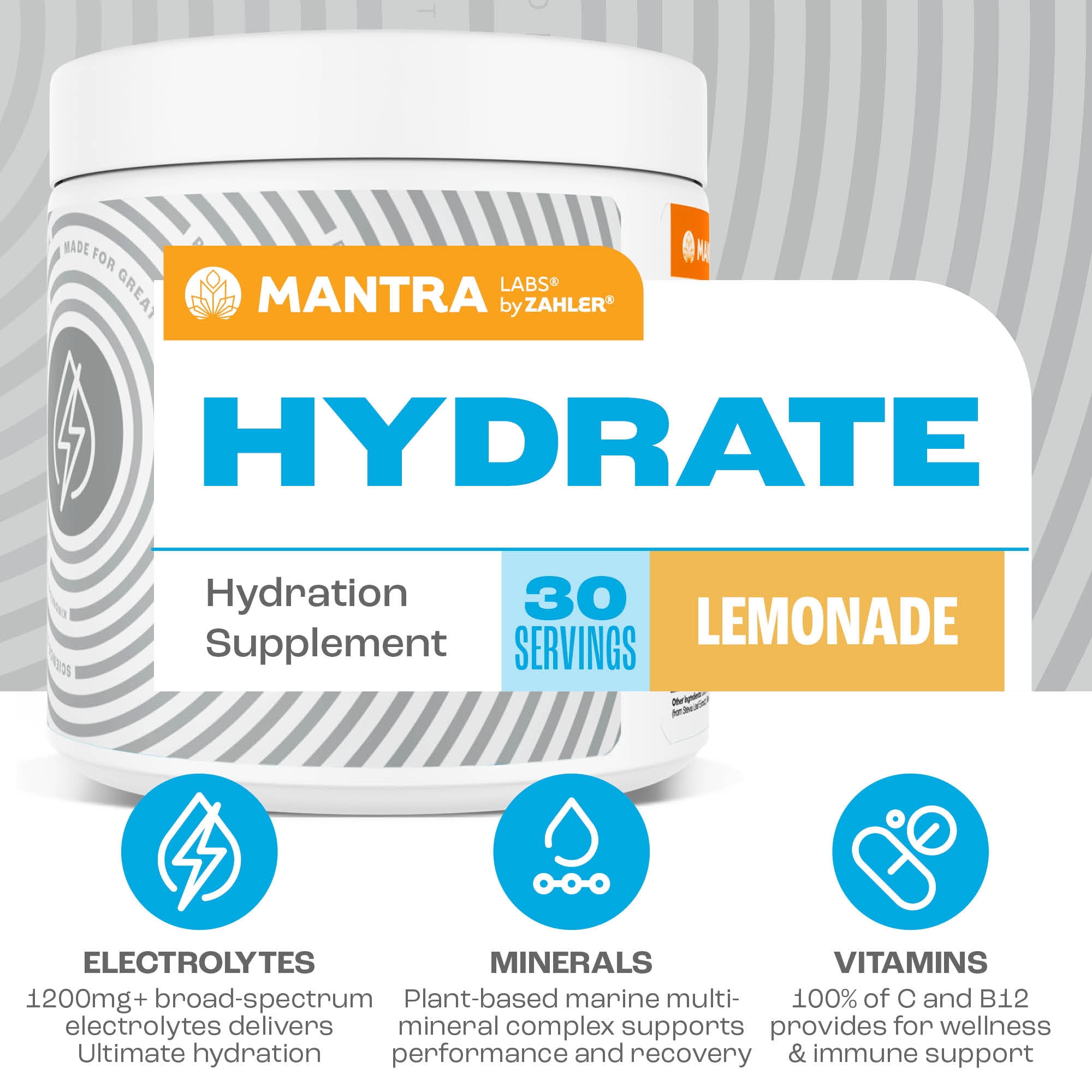 Mantra HYDRATE Zero Sugar Electrolyte Powder Drink Mix with Vitamin C & B12, Keto Vegan Hydration Supplement, Lemonade