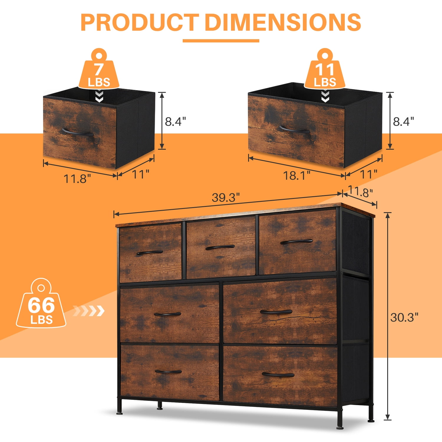 Simenmax 7 Drawer Dresser for Bedroom, Fabric Storage Dresser for Bedroom, Wood and Metal Dresser TV Stand for Living Room, Storage Tower with Bins, Chest of Drawers for Closet, Hallway,Brown