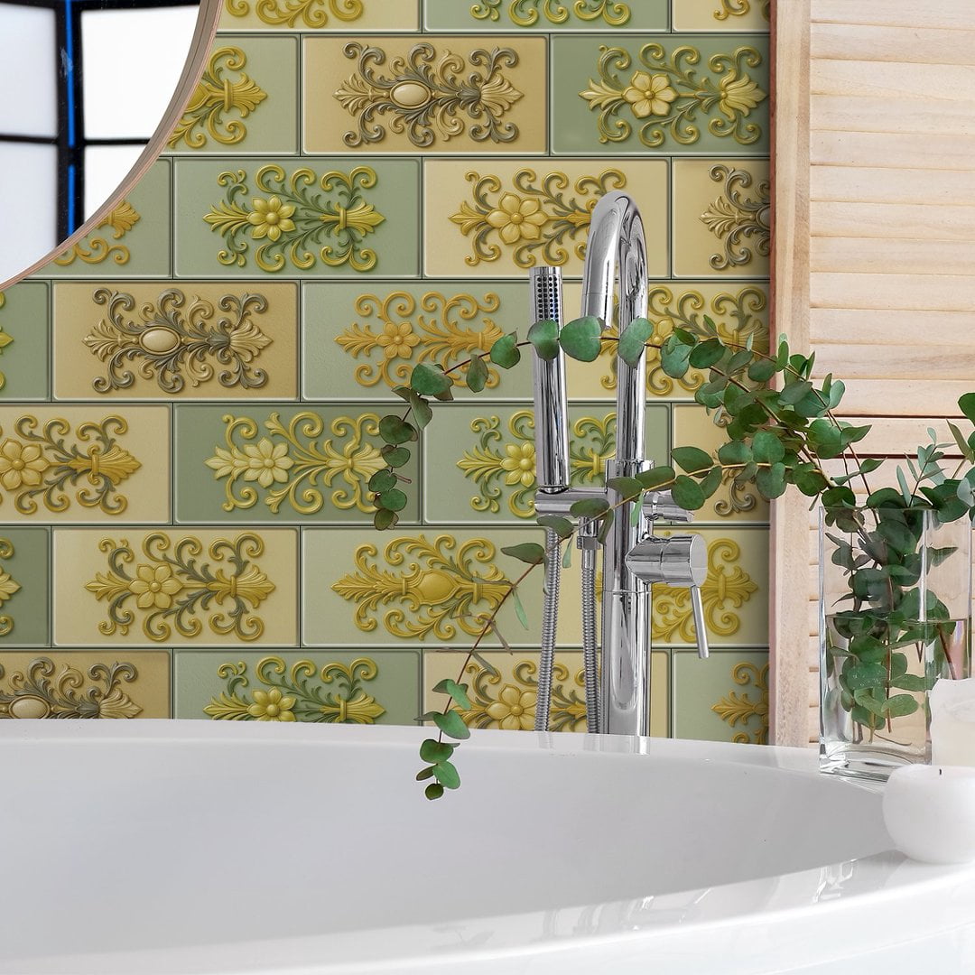 16Sheets Foaming Board Vinyl Tiles Stickers Wall Decals 8" x 4" Waterproof Peel and Stick Backsplash Yellow and Green Flowers Pattern Mural