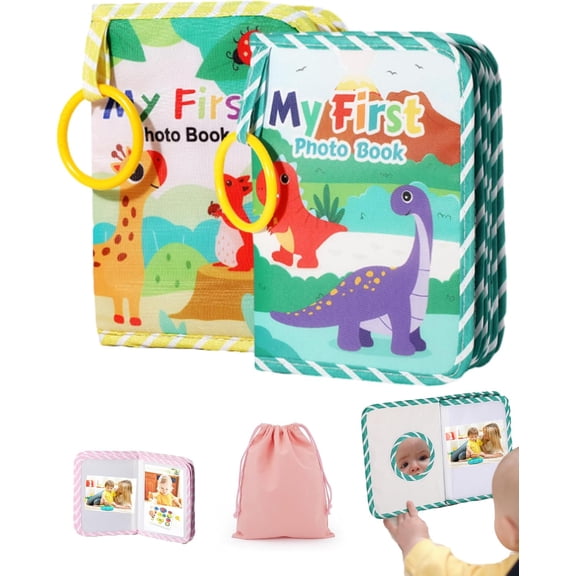 My First Baby Photo Book with Safe Mirror - Soft Fabric Baby Memory Album Holds 4x6 & 5x7 Photos, Baby Shower Gift for Newborns and Infants