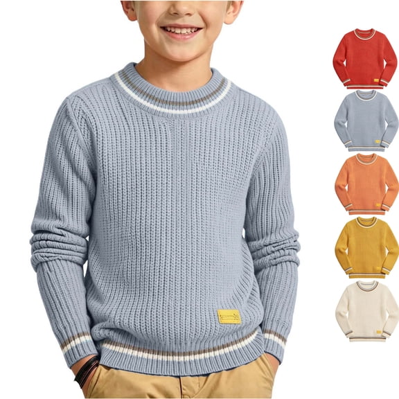 Xaqiouau Children Striped Mock Half Turtleneck Rib Knit Sweater Thick Acrylic Trim Long Sleeve Pullover Warm Fall Winter Daily School Knit Tops Boys Girls Light Blue 4-5Years