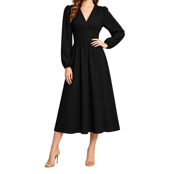 GUACER V Neck Midi Dresses for Women Long Sleeve Puff Sleeve Wrap Waist A-Line Polka Dot Elegant Dresses for Wedding Guest Fall