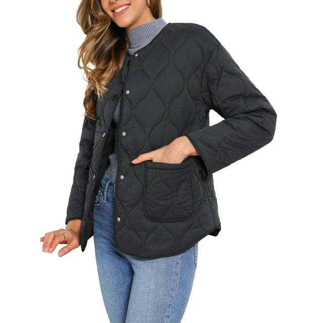 Chaquetas acolchadas de botón INSPIRE CHIC para mujeres, chaqueta ligera tipo puffer, abrigo casual de moda para invierno con bolsillos, talla XS, color negro