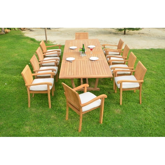 Teak Dining Set:10 Seater 11 Pc - Large 118" Mas Rectangle Table(Trestle Leg) and 10 Stacking Napa Arm Chairs Outdoor Patio Grade-A Teak Wood WholesaleTeak #WMDSNPm