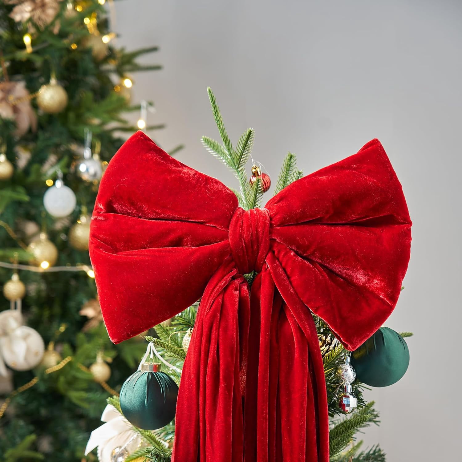 Guvpev Christmas Decorations - Giant Green Xmas Bow - 6FT Oversized Green Velvet Christmas Tree Topper, Christmas Ribbon Gift Bow, Indoor/Outdoor Xmas Decor for Home Wreath/Mantel/Front Door/Wedding