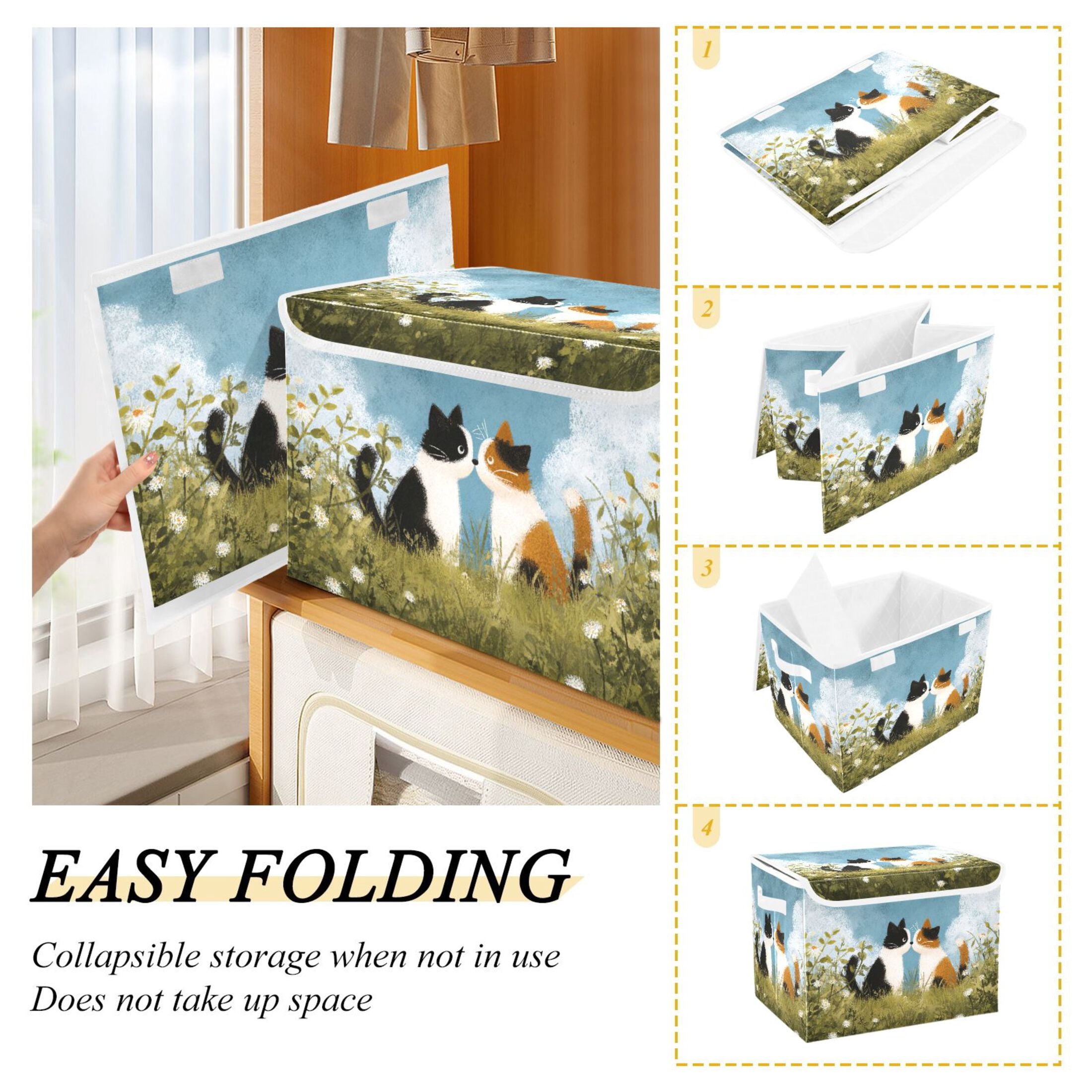 Valentine Cat Kiss Crayon Painting Foldable Storage Bins with Lids Handles Collapsible Storage Containers Tote Boxes 16.5 x 12.6 x 11.8 inches