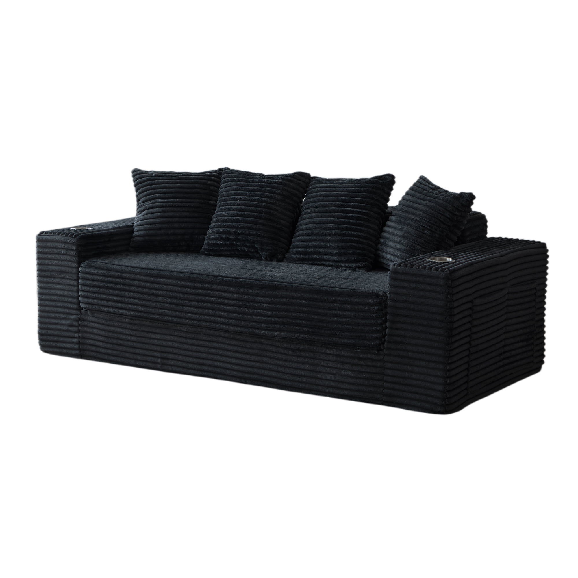 Leumius 2-in-1 Convertible Sofa Bed,Boneless Corduroy Modular Sleeper Couch with Cup Holders & Side Storage Pockets,Oversized Deep Seat Sofa for Living Room, Apartment, Guest Room,Black