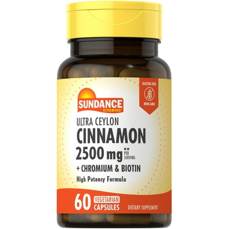 Ultra Ceylon Cinnamon 2500mg | 60 Capsules | With Chromium and Biotin | Vegetarian, Non-GMO, and Gluten Free Supplement | By Sundance