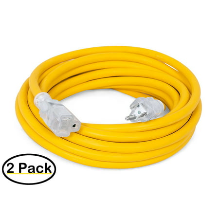 Internet's Best 2 PACK 25 FT Power Extension Cord with LED Lighted Plugs | 12 AWG (Gauge - 12/3) Heavy Duty Outdoor/Indoor Power Extension Cable Cord | NEMA 5-15 R & 5-15P - SJTW |