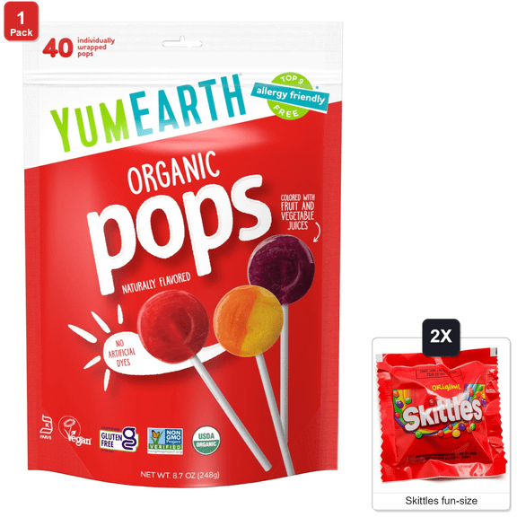YumEarth Pops Variety Pack, 40 Fruit-Flavored Lollipops, with 2 Skittles Fun Size