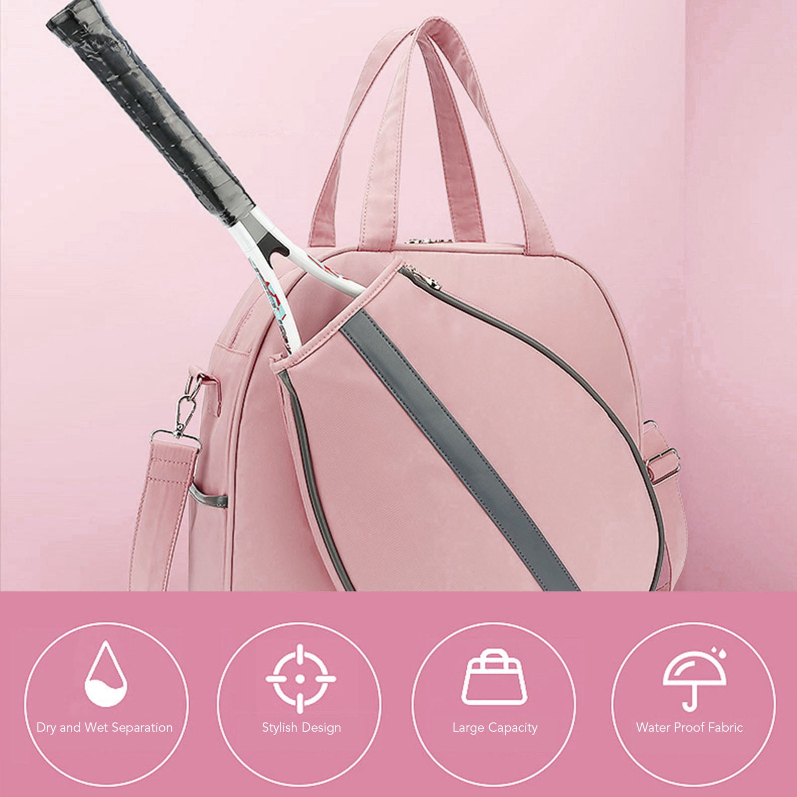 Rupoun Unisex Large Capacity Tennis Racket Bag with Adjustable Strap, Waterproof Oxford Cloth Badminton Handbag, Pink