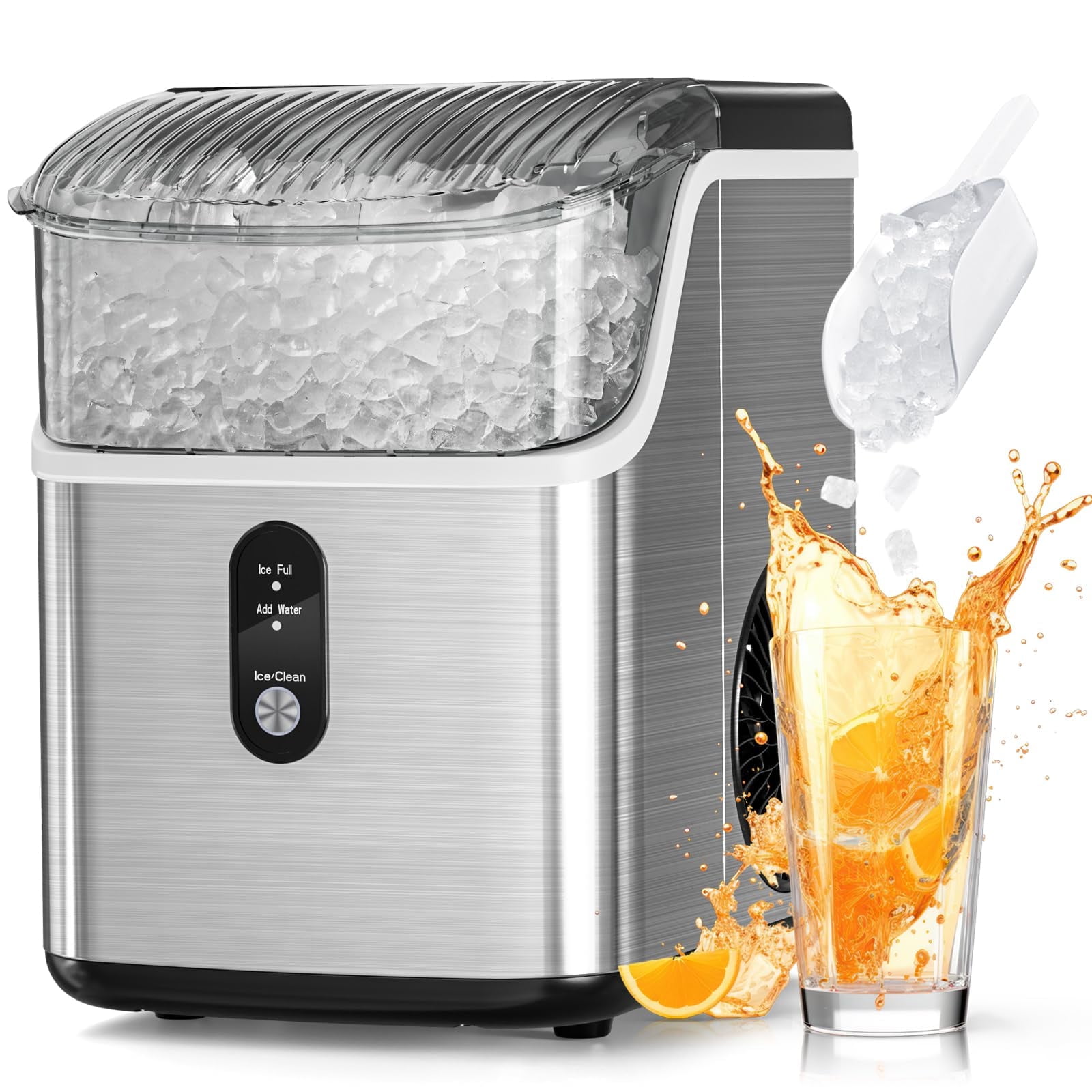 FREE VILLAGE Nugget Ice Makers Countertop,Pebble Ice Maker Machine with Soft Chewable Ice,35lbs/24H,Self-Cleaning,One-Click Operation,Stainless Steel, Crushed ice Maker for Home Kitchen Office
