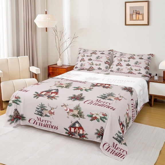 Homewish Magic Reindeer Moose Twin Sheet Sets, Christmas Tree Flower Twin Fitted Sheet, Farmhouse Lake House Flat Sheet, Lightweight Room Decor, 3pcs