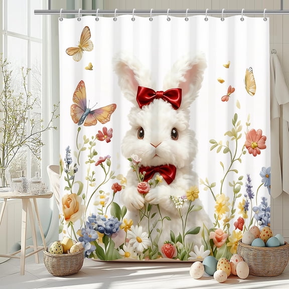 MIZHONA Spring Easter Bunny Shower Curtain Floral with Butterfly Fabric Bathroom Curtain 72x72 in