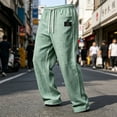 thumbnail image 3 of Ohufall Mens Pants Cotton Linen Straight Leg Elastic Drawstring Waist Pant Solid Color Breathable Holiday Beach Pants, 3 of 4