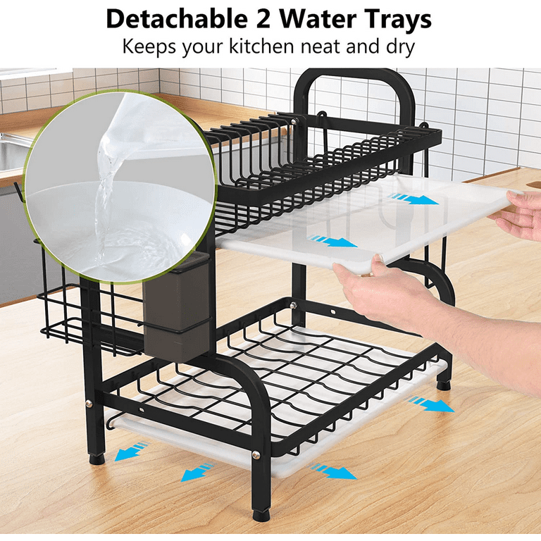 Three-tier/Double layer Dish Drying Rack,201 Stainless Steel Dish Drainer  with Drainboard,Utensil Holder and Cutting Board Holder for Kitchen