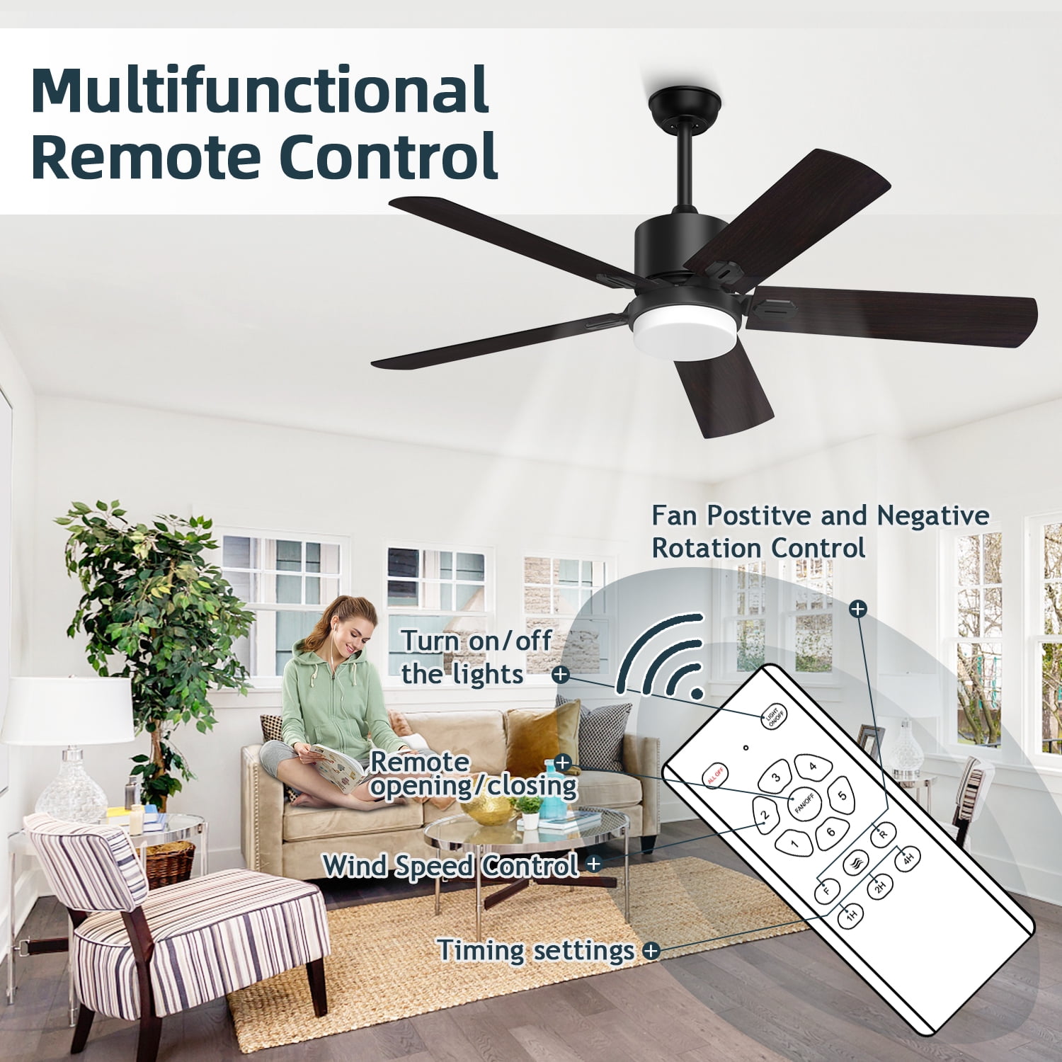 Xaujix 52'' Dimmable LED Black Ceiling Fan with Lights and Remote Control and Timing Function
