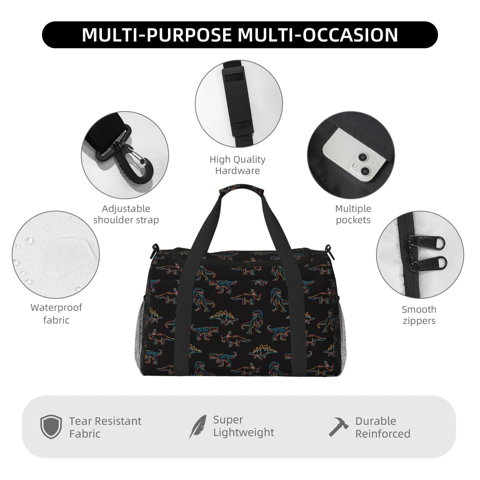Kuqiui Neon Dinosaur Print Foldable Travel Duffel Bag Tote Carry on Luggage Bag Personal item Sports Gym Bag Water Resistant Weekender Overnight Bags for Women and Men
