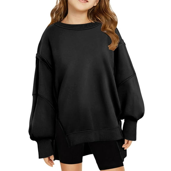 FAOWME Girls Fashion Crew Neck Solid Color Casual Loose Long Sleeve Children Sweatshirt Hoodie Pullover Tops Black 9-10 Years