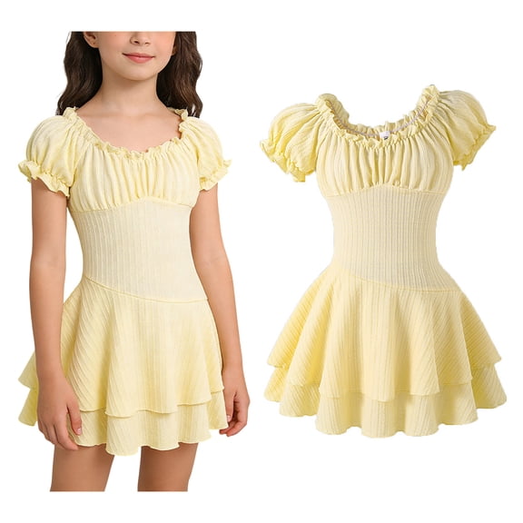 Girl's Dresses Short Puff Sleeve Layered A Line Flowy Dress Tween Girl Graduation Dress 11-12 Years