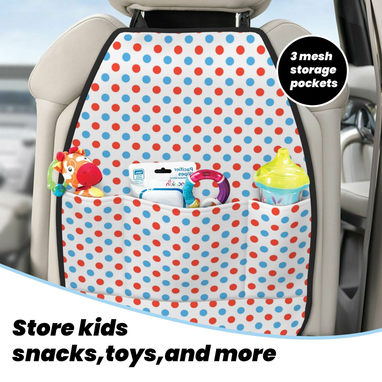 Kdxio Red Blue Polka Dots Print 2 Pack Car Kick Mat Seat Cover Back Protector Mat with Pockets for Organizer Backseat Protector and Storage Anti Kick Pad for Vehicles