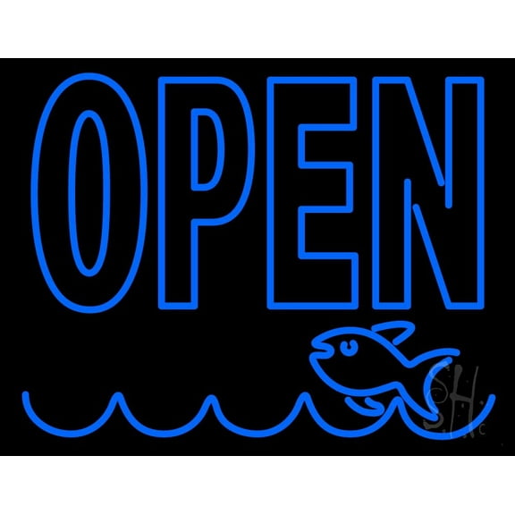 Open Fish Logo LED Neon Sign 15 x 19 - inches, Clear Edge Cut Acrylic Backing, with Dimmer - Bright and Premium built indoor LED Neon Sign for restaurant window and interior decor.